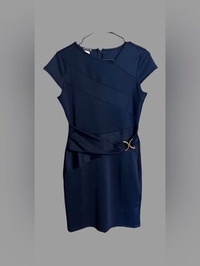 VENUS Asymmetrical Navy Dress with Gold Accent